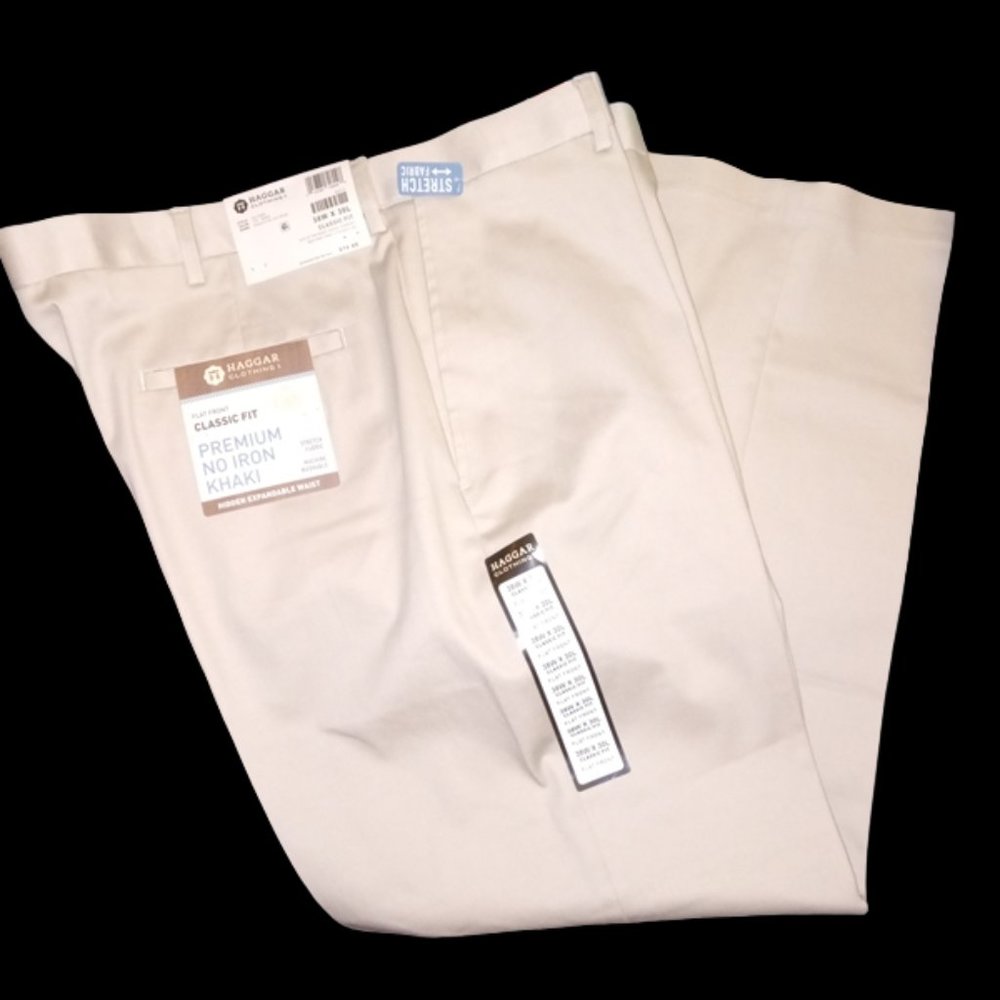 Haggar Clothing Classic Fit Flat Front Sand Khaki Premium No Iron Pants 38W 30L